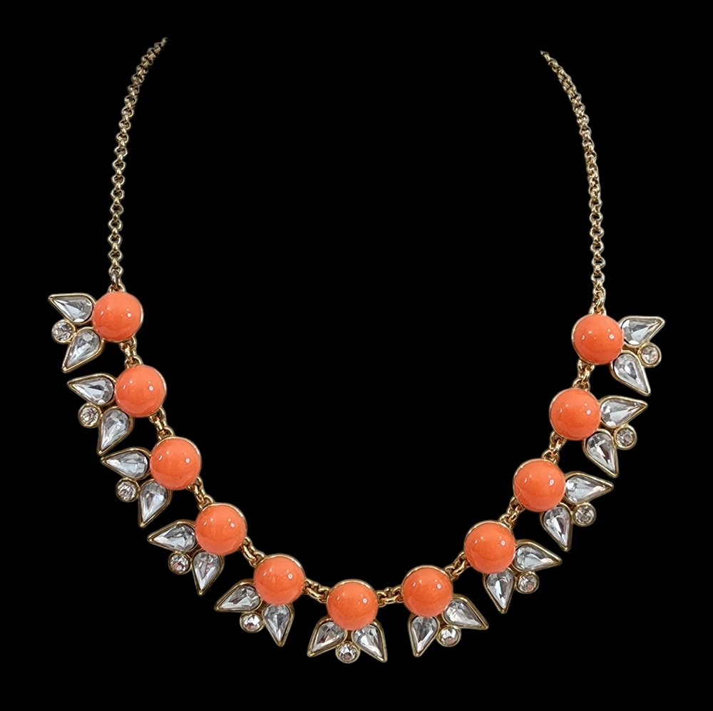 J. Crew statement necklace gold tone orange cabachons brilliant rhinestones